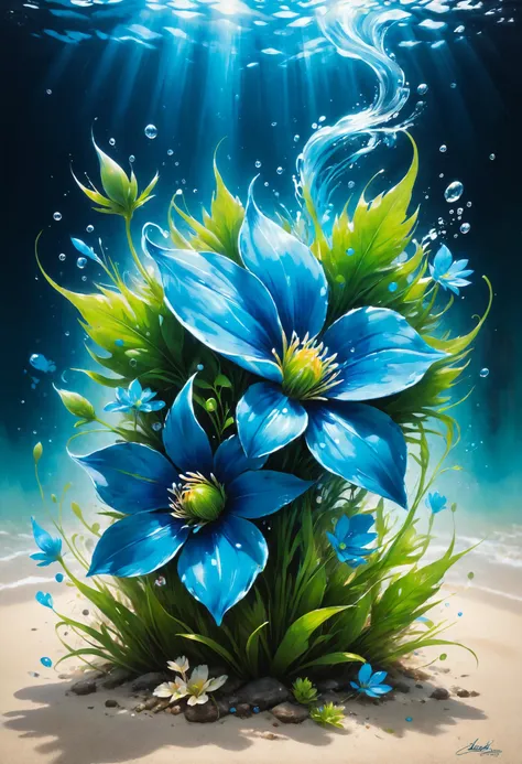 a painting of blue flowers on a sandy beach under water