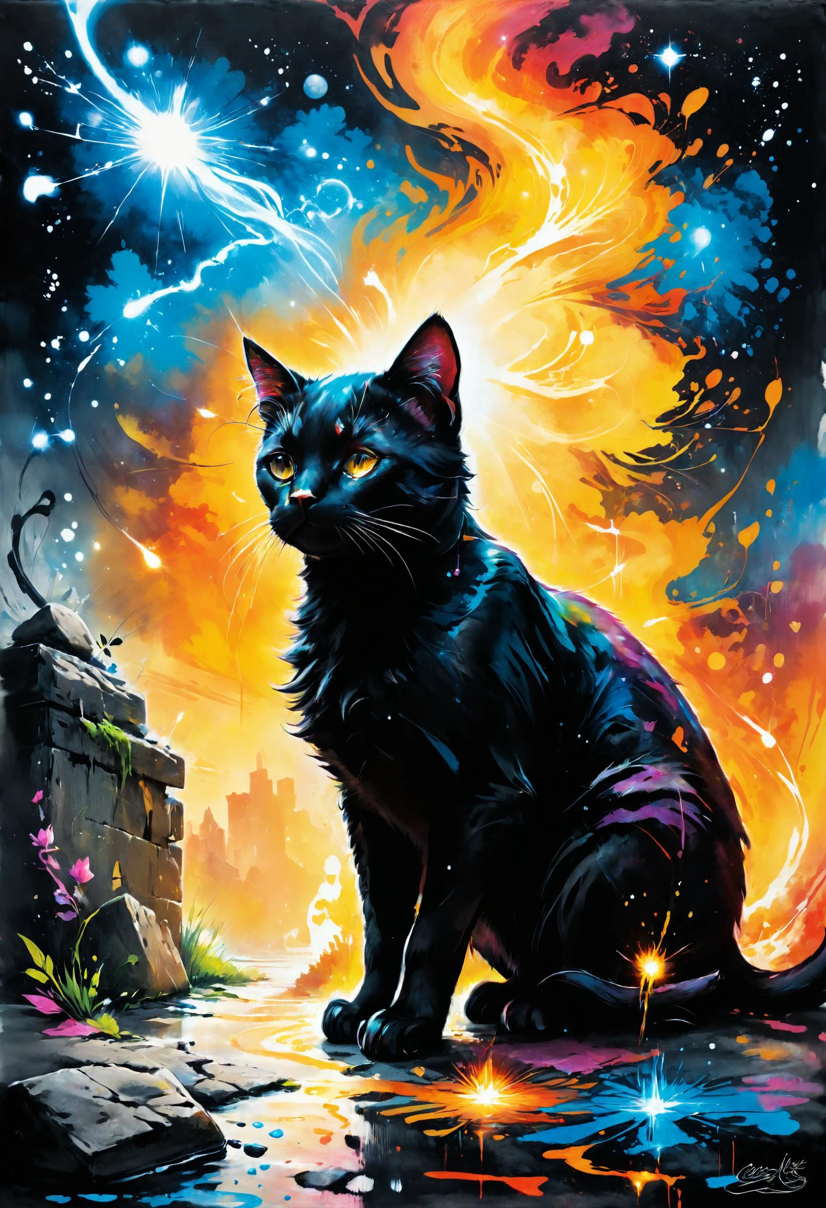 Black cat cross my path, I think every day's gonna be my last, <lora:Elemental_Graffiti-step00001500:0.8> elemental art, <lora:MJ52:0.8>, Backlighting, <lora:SDXLPaintSplash:0.7> colorsplash