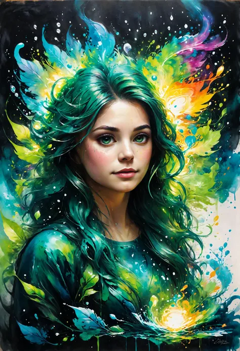 a painting of a woman with green hair and blue eyes