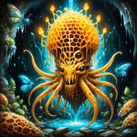 ral-hnycmb towering insectoid monstrosity, Glowing caverns harboring mysterious luminescent creatures, elemental art, great lighting, ambient lighting, Gorgeous splash of vibrant paint, sharp focus, glowing, scifi subreddit<lora:ral-hnycmb:0.8> <lora:Elemental_Graffiti-step00001500:0.8> <lora:great_lighting:0.4> <lora:gorgoeus_splash_of_vibrant_paint:0.7>