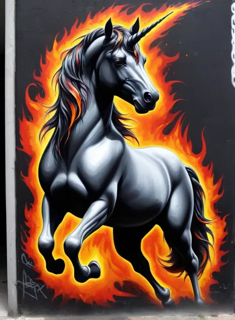 Black firey Unicorn made of elemental_graffiti, abstract, realism, masterpiece lora:Elemental_Graffiti-step00001500:1> elemental art, graffiti art