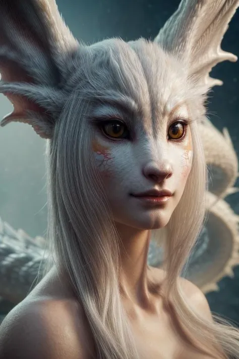 artful dreamy masterpiece, Non-Human Character Design with Personality: A character design that portrays a non-human creature, like a majestic dragon or a mischievous kitsune, with a unique and expressive form that conveys personality and depth, <lora:ReaLora:0.4>, <lora:hairdetailer:0.4>, <lora:more_details:1>, <lora:breastsizeslideroffset:0.3>