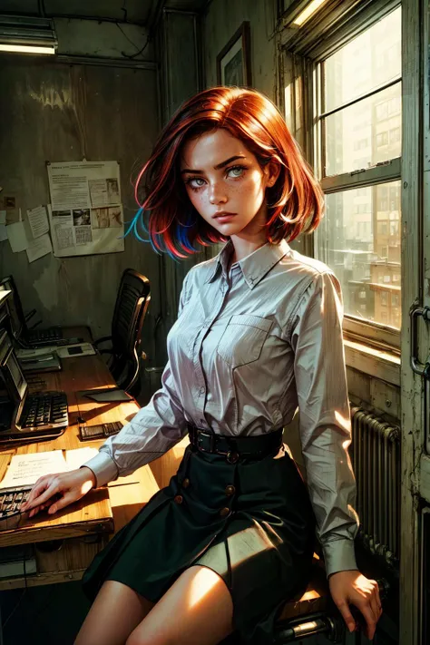 ((((full color)))) image Step into a bygone era where the relentless gears of authority grind on, evoking the haunting ambiance of Kafka's labyrinthine bureaucracy and Orwell's dystopian regime.
In this dystopian reality, the office clerk stands as an incongruous figure amidst conformity and submission. She is a striking young woman with shoulder-length ginger red hair, a slim figure, and a resplendent visage. Her eyes, set two inches apart, are a haunting shade of dark green, framed by long, inky eyelashes. Her delicate face boasts a small, forlorn snub nose and high cheekbones. Her lips are downturned and pale pink, often slightly parted in a neutral expression, revealing pearly white teeth. Freckles speckle her face, like forgotten fragments of history in a world ensnared by tradition.
The office itself exudes an eerie nostalgia, illuminated by the warm glow of aged incandescent bulbs. Rows of archaic cubicles stretch endlessly, evoking the spirit of a past era. Walls are adorned with aged propaganda posters, their ominous slogans whispering: 'Compliance is Tradition.'
The office clerk's desk, a time capsule of mundanity, is buried beneath endless scrolls of parchment, an ode to the relentless onslaught of paper and surveillance. Her old typewriter, a symbol of analog servitude, clatters ceaselessly, echoing the watchful eye of the state.
Beyond the confines of the office, through faded, barred windows, the cityscape sprawls. The faint hum of crackling radio waves fills the air, a reminder of the omnipresent surveillance.
This image captures a spectral glimpse of a soul ensnared within the mechanical machinations of a bygone regime, a life bereft of freedom, expression, or reprieve, with a singular figure whose defiance illuminates the gloomâa haunting tableau of a dystopian past <lora:hairdetailer:0.5> <lora:sxz-slavic-fantasy:0.5> <lora:fitgirl_v10:0.5> <lora:add_detail:0.5> realistic depiction of light, luminous pointillism,