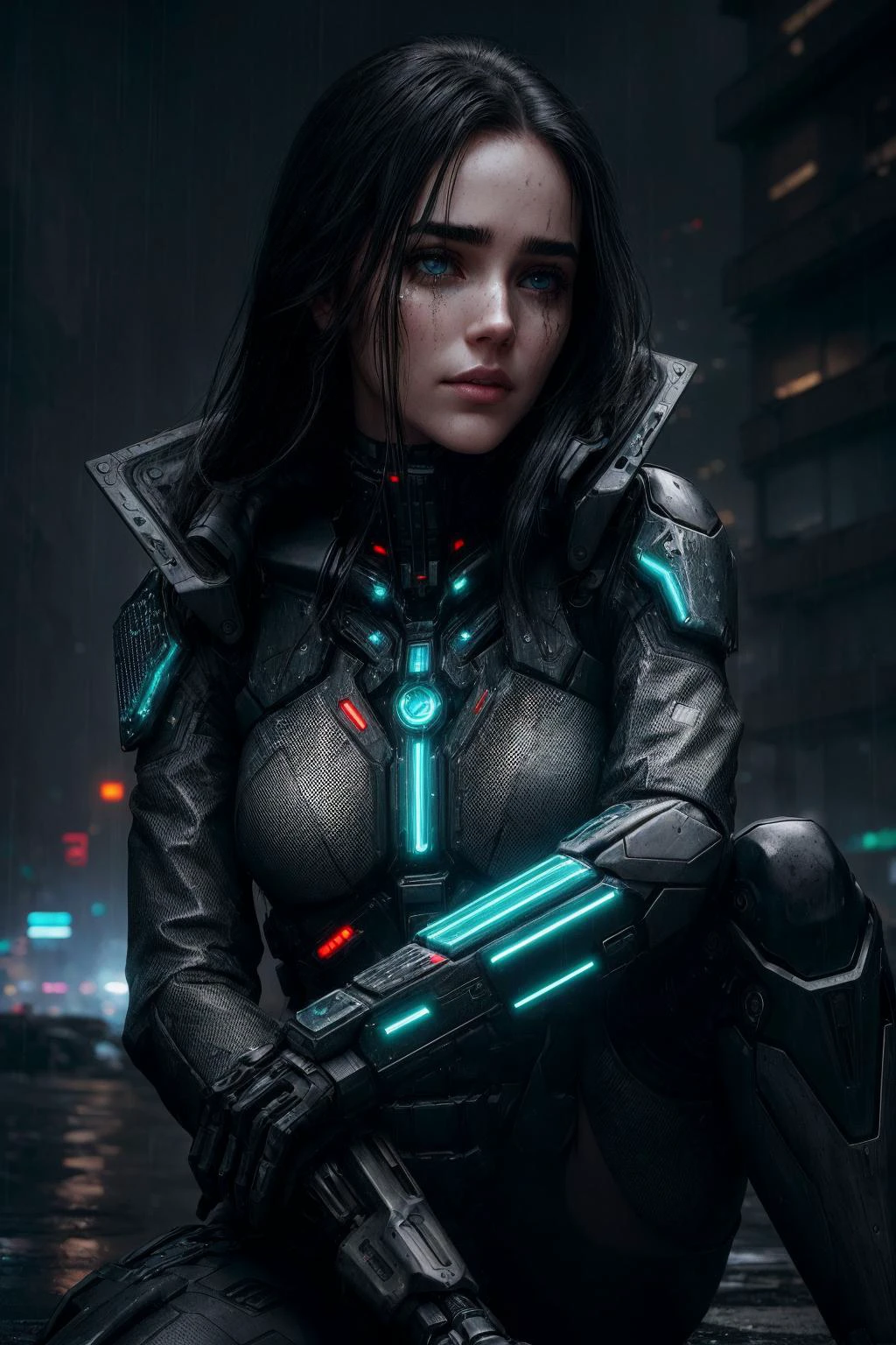 On a rainy night in the heart of a foggy, futuristic cyberpunk city, a young woman Jennifer connelly ( jenn1f1850) (sitting on the ground with her knees bent) in the middle of a sprawling plaza. Her appearance is a striking blend of human fragility and cybernetic augmentation, embodying the very essence of this dystopian world.
The raindrops cascade down from the dark, oppressive sky, leaving shimmering trails on her face. Her skin, porcelain-pale and streaked with rainwater, contrasts sharply with the exposed cybernetic implants that crisscross her body. Glistening metal and synthetic flesh merge seamlessly, revealing her status as a living machine.
Her eyes, enhanced with cybernetic optics, flicker with a hint of vulnerability beneath the damp strands of raven-black hair that cling to her face. The smudged makeup around her eyes, once carefully applied but now streaked by the rain, accentuates the turmoil etched across her countenance.
She wears a tattered, high-tech trench coat, its once lustrous black fabric now dulled by exposure to the elements. The coat clings to her form, the fabric adorned with faintly glowing circuitry patterns. Patches of synthetic skin peek out from beneath the torn edges of her clothing, showcasing her visible cybernetic enhancements.
Her hands, a fusion of human flesh and mechanical precision, rest gently on her lap. The fingertips, equipped with sensor arrays, are stained with mud and rain. A network of intricate, bioluminescent tattoos courses across her arms, revealing her connection to the digital realm.
At her side, a holster houses a sleek, black firearm, its metallic surface slick with rainwater, hinting at the perilous world she navigates. Despite the vulnerability and disarray, her presence in the plaza is enigmatic, evoking a sense of mystery in this dystopian city where human and machine collide in a constant struggle for survival. <lora:DDRunnyMakeupMascara_v01:0.5> <lora:hairdetailer:0.8>
