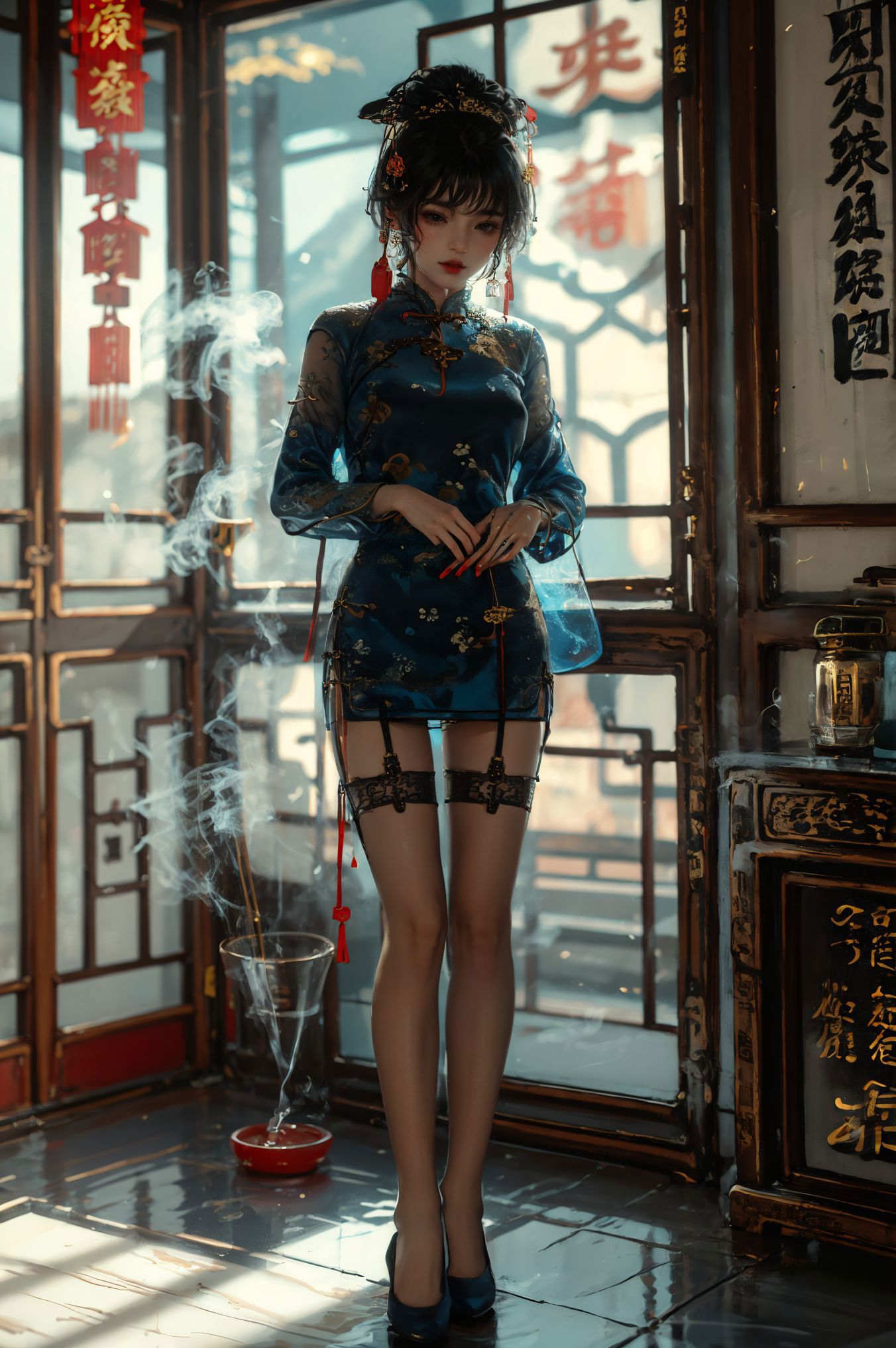 Araffe asian woman in a blue dress standing in a room - SeaArt AI