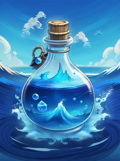 a blue mana game potion concept art drifting in the ocean, game design poster