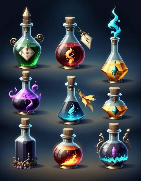 concept art <lora:FFusionXL-SDXL-Potion-Art-Engine-LyCORIS-LoKR-v1:1>	a set of different potions and potions in bottles	 alchemist bottles	 magic potions	 potions	 magical potions	 alchemy concept	 magical items	 potion	 rpg game item	 fantasy d&d magic item	 object concept art	 alchemical equipment	 rpg game inventory item	 game asset occult	 fantasy game spell symbol	 fantasy game art style . digital artwork, illustrative, painterly, matte painting, highly detailed