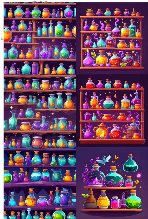 Shelf with magical Potions, cartoon style,