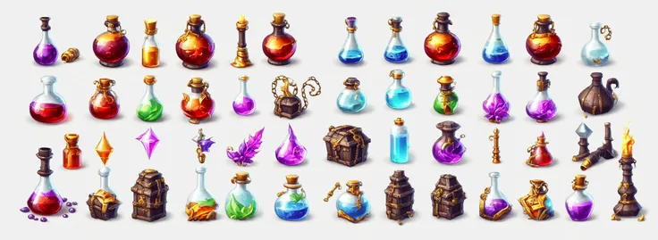 a set of different potions and bottles, alchemist bottles, magic potions, game asset occult, rpg game item, magical items, magical potions, potions, alchemical objects on the side, alchemy concept, rpg game inventory item, game icon asset, stylized game art, game icon stylized, game asset, alchemical equipment, potion, game assets, icon white background game art