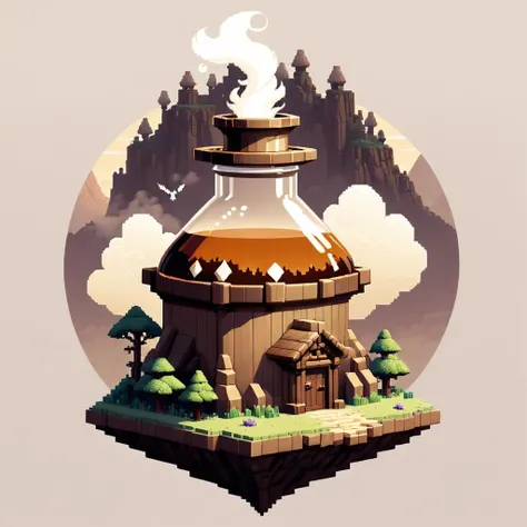 pixel-art <lora:FFusionXL-SDXL-Potion-Art-Engine-LyCORIS-LoKR-v1:1> game asset icon, (stylized by Ted Nasmith:1.1) , game asset icon of a landscape of a Potion, it is very Majestic, Foggy conditions, Anime screencap, Happy, Sepia filter . low-res, blocky, pixel art style, 8-bit graphics