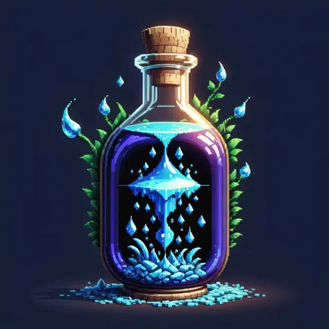 concept art (Ultrarealistic:1.3) <lora:FFusionXL-SDXL-Potion-Art-Engine-LyCORIS-LoKR-v1:1> a pixel art image of a bottle with blue liquid inside, potion of healing, sprite art, detailed pixel art, glowing liquid, luminous water elemental, beautiful detailed pixel art, potion, glowing water, health potion, /r/pixelart, glowing potions, painting of one health potion, glowing jar, high quality pixel art, detailed pixel artwork, concept pixelart on a white isolated background . digital artwork, illustrative, painterly, matte painting, highly detailed