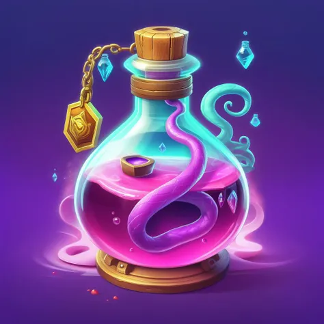 a bottle with a snake inside of it, painting of one health potion, hyper realistic poison bottle, smooth 3 d illustration, smooth 3d illustration, potion, potions, poison, health potion, purple liquid, magic potions, fantasy 3 d render, magical potions, smooth 3d cg render, dribbble illustration, stuning fantasy 3 d render a glowing potion of strength game potion concept art drifting in the ocean, game design poster