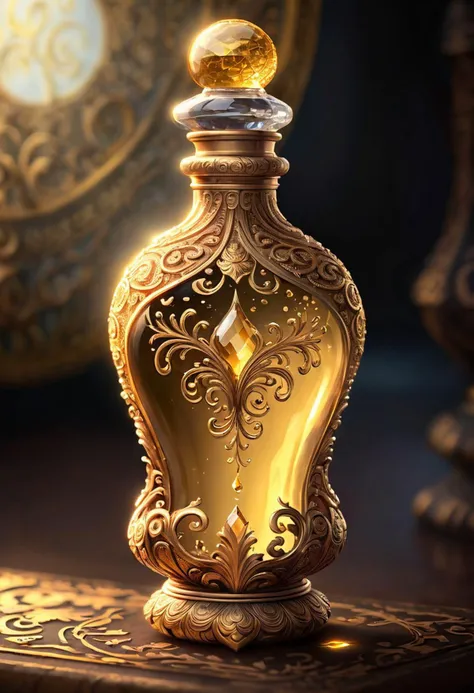 shimmering golden potion in an ornate crystal bottle, fine detail, mastercrafted, attention to detail