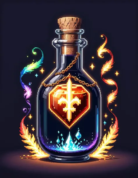 pixel-art <lora:FFusionXL-SDXL-Potion-Art-Engine-LyCORIS-LoKR-v1:1>	a bottle with a fire inside and a rainbow trail	 potion of healing	 magical potions	 magic potions	 alchemy concept	 fantasy art behance	 potion	 painting of one health potion	 glowing liquid	 galaxy in a bottle	 holy fire spell art	 vial of stars	 fantasy game spell symbol	 rendered art	 by Adam MarczyÅski . low-res, blocky, pixel art style, 8-bit graphics