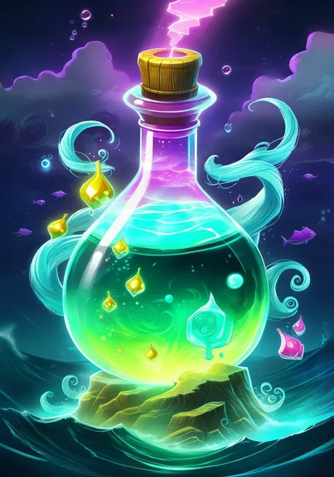 a glowing potion of strength game potion concept art drifting in the ocean, game design poster