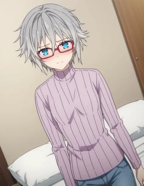 score_9, score_8_up, score_7_up, source_anime,
niahonjou,  <lora:nia-honjou-s4s5-ponyxl-lora-nochekaiser:1>,
nia honjou, short hair, blue eyes, grey hair, glasses, red-framed eyewear,
sweater, turtleneck, ribbed sweater, pants, denim,
indoors, bed, bed room, on side, blush, drunk,
looking at viewer, solo, cowboy shot, dutch angle,