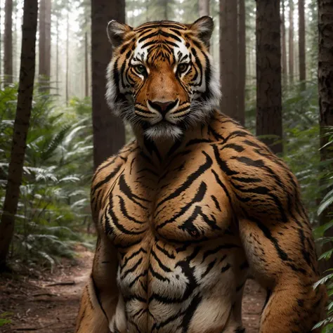 RAW photo, ultrares, man, 8k, 4k, detailed, in forest, topless, standing <lora:tiger_slider_v10:5>, looking at viewer