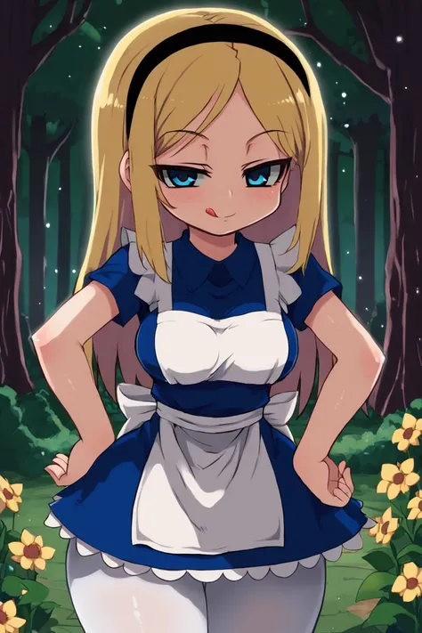 <lora:Zankuro_Style_Pony:0.7>, high resolution, highly detailed, perfect lighting, highly detailed eyes, solo, AliceWaifu walking in a forest around multiple flowers, magic particles, leaning forward, medium breasts, narrow waist, wide hips, naughty face, licking lips, smile, blue eyes, blue dress, white pantyhose, apron, black hairband, blonde, looking at viewer, cowboy shot, <lora:AliceInWonderlandXLPony_character-10V2:0.8> hand on hip, smug,