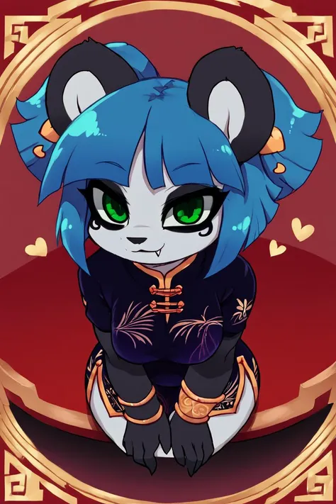 furry, (black and white fur), 1girl, animal nose, gold hearts, eye makeup, Nuwa Nightstone, green eyes, blue hair, (panda girl), panda ears, panda tail, shy, red chinese clothes, chinese clothes, sleeveless, lying on side, :D, fangs