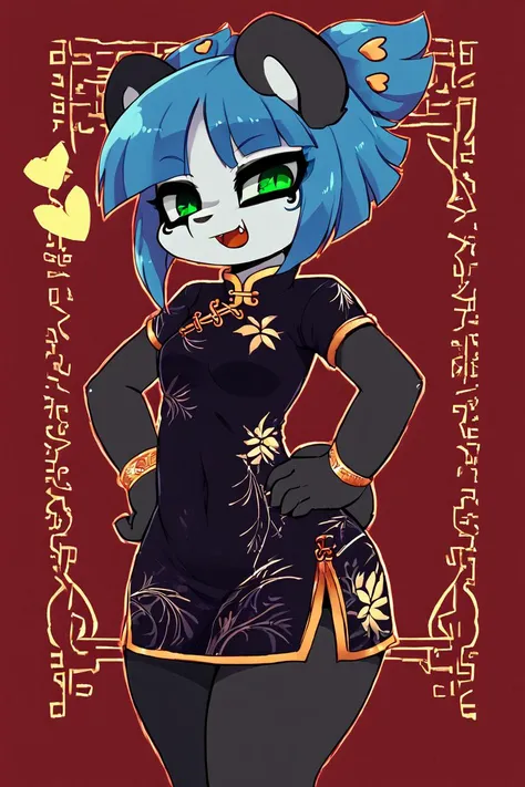 <lora:Zankuro_Style_Pony:0.7>, high resolution, highly detailed, perfect lighting, highly detailed eyes, solo, furry, (black and white fur), 1girl, masterpiece, best quality, animal nose, gold hearts, eye makeup, Nuwa Nightstone, green eyes, blue hair, (panda girl), panda ears, panda tail, black chinese outfit, red background, :D, fangs, contrapposto, hand on hip, smug, cowboy shot, <lora:Nuwa_Nightstone_XL_Pony_Edition:1>
