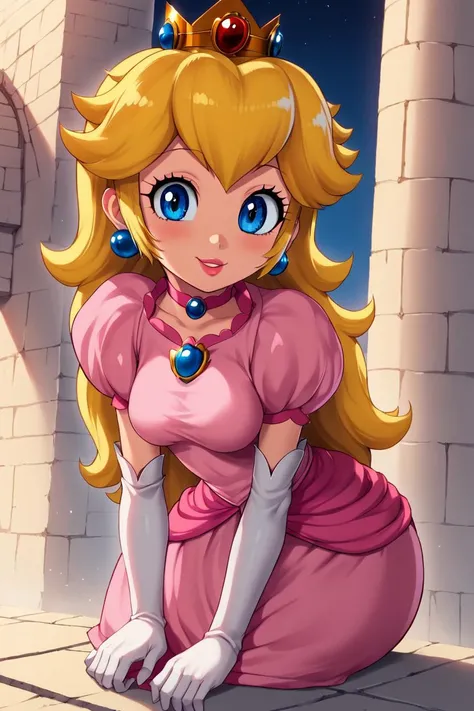 <lora:Zankuro_Style_Pony:0.5>,   high resolution, highly detailed, perfect lighting, highly detailed eyes, solo,   1girl, solo,  <lora:Princess_Peach_Shiny_Style-000009:0.9>,skinny,choker,medium breasts,detached sleeves,princess peach,pink dress,castle,outside,bloom, curvy, smile,  sitting, leaning forward, from above, collar bone,