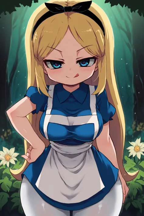 <lora:Zankuro_Style_Pony:0.7>, high resolution, highly detailed, perfect lighting, highly detailed eyes, solo, AliceWaifu walking in a forest around multiple flowers, magic particles, leaning forward, medium breasts, narrow waist, wide hips, naughty face, licking lips, smile, blue eyes, blue dress, white pantyhose, apron, black hairband, blonde, looking at viewer, cowboy shot, <lora:AliceInWonderlandXLPony_character-10V2:0.8> hand on hip, smug,