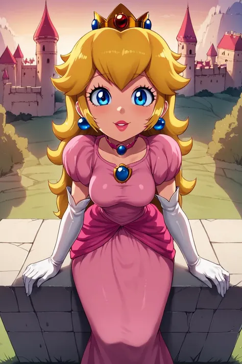 <lora:Zankuro_Style_Pony:0.5>,   high resolution, highly detailed, perfect lighting, highly detailed eyes, solo,     1girl, solo,  <lora:Princess_Peach_Shiny_Style_V2:0.9>, skinny, choker, medium breasts, detached sleeves, princess peach, pink dress, bloom, curvy