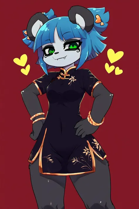 furry, (black and white fur), 1girl, masterpiece, green eyes, best quality, animal nose, gold hearts, eye makeup, Nuwa Nightstone, blue hair, (panda girl), panda ears, panda tail, red chinese clothes, chinese clothes, smile, arms behind head, sleeveless, armpits, bottomless, pussy, :D, fangs, pink background