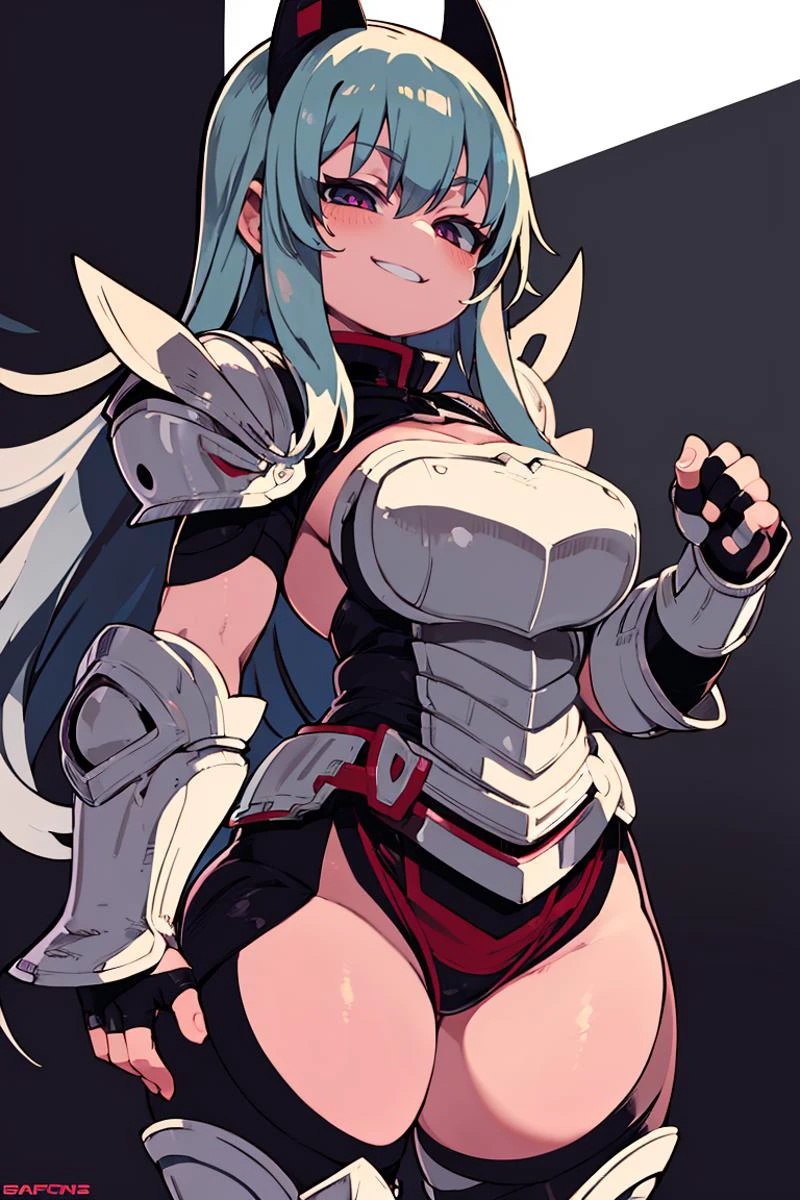 <lora:Zankuro_Style_v4:0.8>, ((masterpiece,best quality)), absurdres, medium breasts, smile, smug, 1girl, shiny metal, body armor, breastplate, fingerless gloves, shoulder armor, gauntlets
