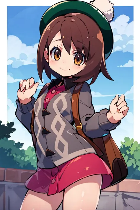 <lora:Zankuro_AnyLora_Dim32:0.8>, ((masterpiece,best quality)), absurdres, <lora:gloria_(pokemon)_v1:0.7>, gloria \(pokemon\), brown hair, solo, backpack, brown eyes, tam o' shanter, grey cardigan, pink dress, short hair, green socks, socks, brown bag, bob cut, bangs, long sleeves, collared dress, solo, smiling, looking at viewer, cowboy shot, cinematic composition, contrapposto,