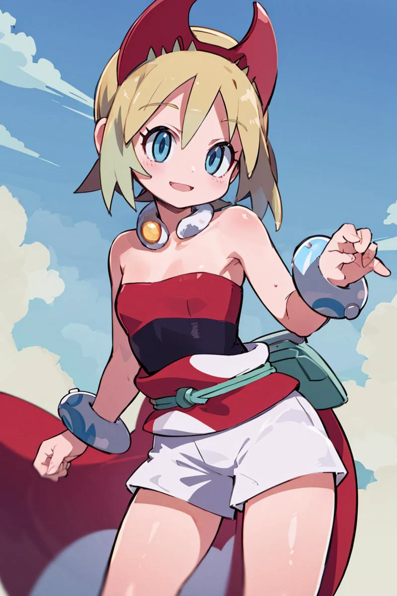 <lora:Zankuro_AnyLora_Dim32:0.8>, ((masterpiece,best quality)), absurdres, <lora:irida_(pokemon)_v1:0.7>, aairida, short hair, red hairband, neck ring, collar, strapless shirt, red shirt, bracelet, sash, waist cape, white shorts, bare legs, solo, smiling, looking at viewer, cowboy shot, cinematic composition, contrapposto,