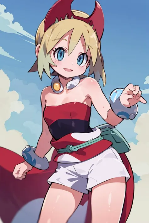 <lora:Zankuro_AnyLora_Dim32:0.8>, ((masterpiece,best quality)), absurdres,  <lora:irida_(pokemon)_v1:0.7>, aairida, short hair, red hairband, neck ring, collar, strapless shirt, red shirt, bracelet, sash, waist cape, white shorts, bare legs, solo, smiling, looking at viewer, cowboy shot,  cinematic composition, contrapposto,