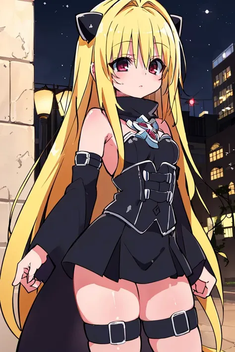 <lora:Zankuro_AnyLora_Dim32:0.8>, ((masterpiece,best quality)), absurdres, (finely detailed beautiful eyes: 1.2), phyami, yaminor, 1girl, solo, blonde hair, long hair, red eyes, thigh strap, very long hair, detached sleeves, black dress, <lora:yami-v1:1.0>,contrapposto