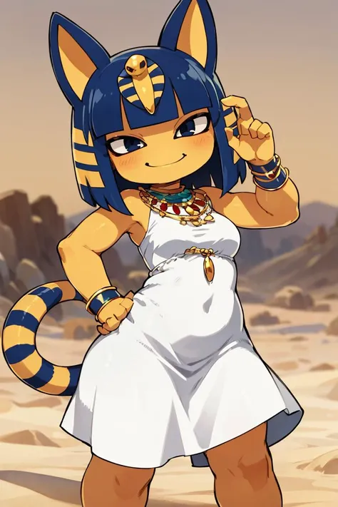 <lora:Zankuro_Style_v5:0.6>,
<lora:Ankha_v2_RT_e6_R-128:0.8>, ankha, white dress, tail, jewelry, gold, smug, smile, hand on hip, desert, cowboy shot,
