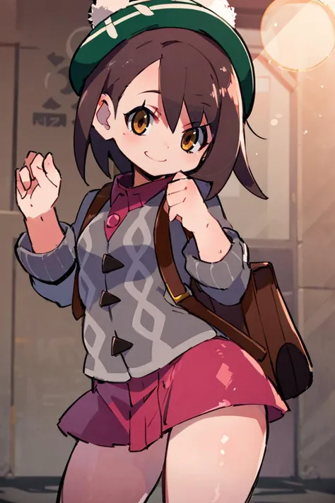 <lora:Zankuro_AnyLora_Dim32:1>, ((masterpiece,best quality)), absurdres, <lora:gloria_(pokemon)_v1:0.7>, gloria \(pokemon\), brown hair, solo, backpack, brown eyes, tam o' shanter, grey cardigan, pink dress, short hair, green socks, socks, brown bag, bob cut, bangs, long sleeves, collared dress, solo, smiling, looking at viewer, cowboy shot, cinematic composition, contrapposto,