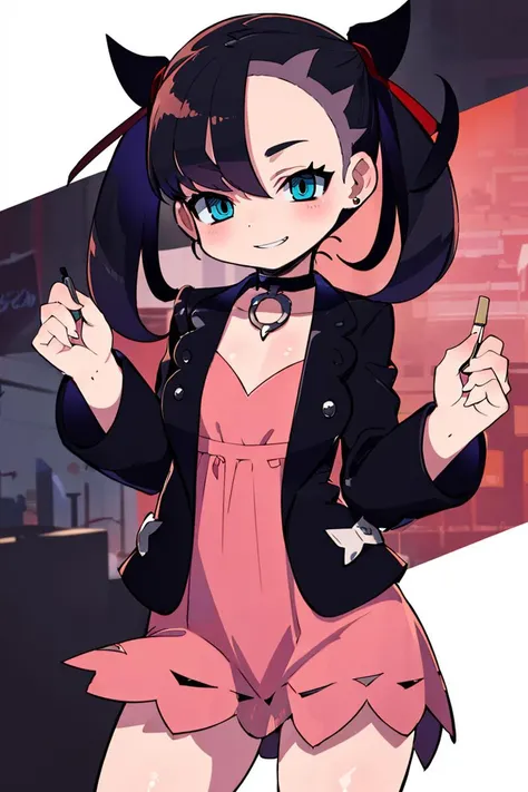<lora:Zankuro_AnyLora_Dim32:1>, ((masterpiece,best quality)), absurdres, <lora:marnie_v1:0.7>, hmmarnie, aqua eyes, black choker, red ribbon, pink dress, jewelry, black jacket, open clothes, long sleeves, solo, smiling, looking at viewer, cowboy shot, cinematic composition, contrapposto,