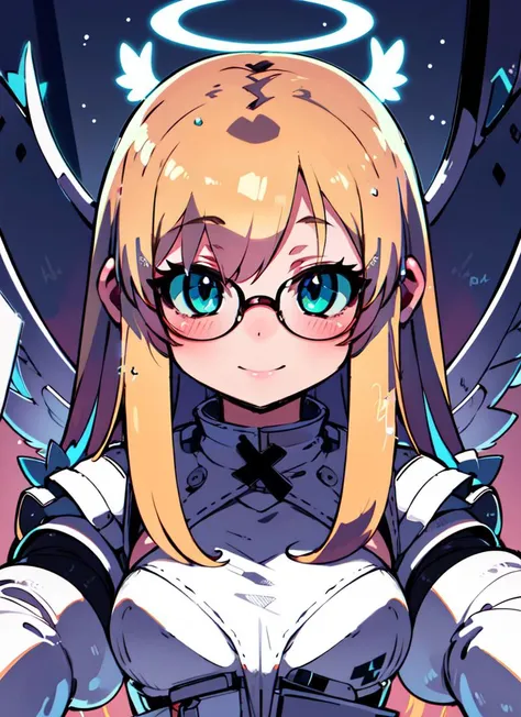 ((best quality)), ((highly detailed)), absurdres, extremely detailed face, beautiful face, (detailed eyes, deep eyes), (1girl), (glasses), dynamic pose, upper body, ((archangel with a fire spear and a shieldarmor)), angelic, platinum blonde hair, (floating hair), green eyes, large white wings, symmetrical wings, (halo), golden glow, calm smile, long hair, flowing (white gown), (cross), (clouds), (indoors, on an elevator), <lora:Zankuro_Style_v4:.9>