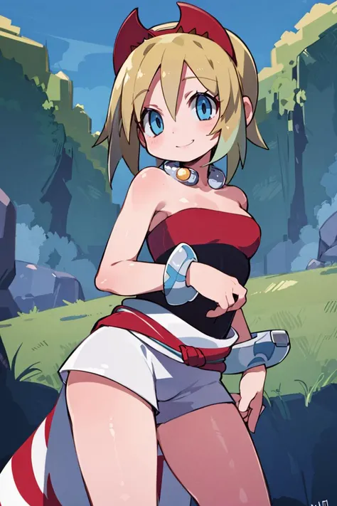 <lora:Zankuro_AnyLora_Dim32:0.8>, ((masterpiece,best quality)), absurdres, <lora:irida_(pokemon)_v1:0.7>, aairida, short hair, red hairband, neck ring, collar, strapless shirt, red shirt, bracelet, sash, waist cape, white shorts, bare legs, solo, smiling, looking at viewer, cowboy shot, cinematic composition, contrapposto,