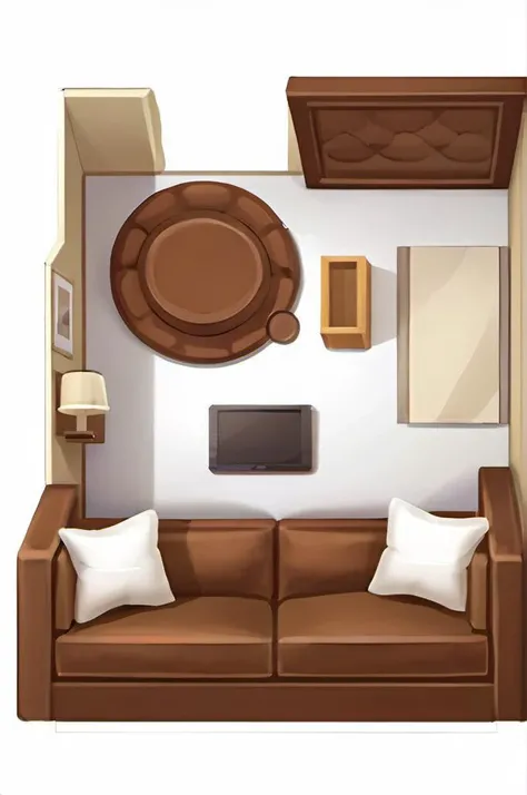 , <lora:SDXL_icon_V2:1> 2d icon,, girlish living room, small room, Two-person sofa, plan of a house, brown sofa, white wall,
