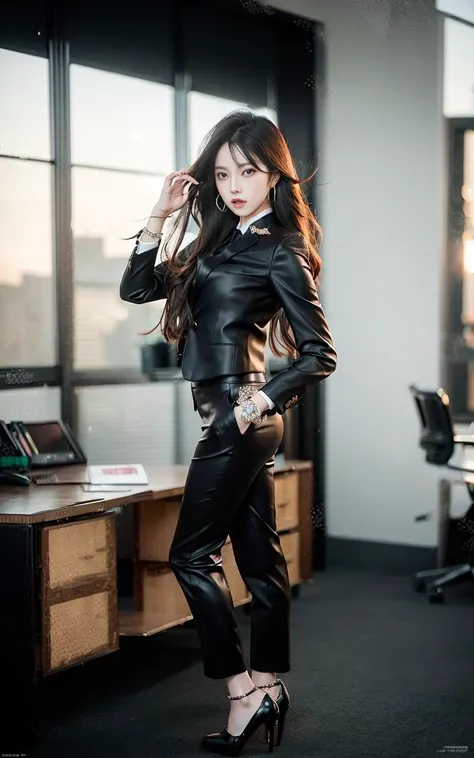 1girl, Chinese, long hair, wearing office suit, black leather shoes, earrings, office. full body, 8k, HDR, photorealistic, realistic, slim legs, masterpiece, best quality, overall_view, looking at viewer,