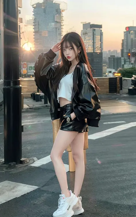 1girl, Chinese, long hair, wearing oversize jacket, black leather shorts, white sneaker, earrings, cityscape. full body, 8k, HDR, photorealistic, realistic, slim legs, masterpiece, best quality, overall_view, looking at viewer,