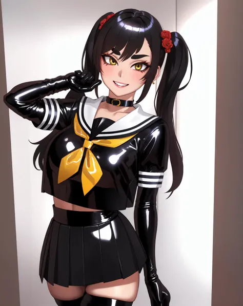 (masterpiece, best quality:1.2),absurdres,  1girl, solo,<lora:kilyeV1-000020:0.7>,(shiny glossy latex:1.3), kilye, standing, looking at viewer,  serafuku, sailor collar, shiny clothes, latex pleated skirt, black hair, yellow eyes, short twintails, red hair ornament, grin , skin tight, armband, thighhighs, large breasts, makeup, choker, thick eyebrows, zettai ryouiki,  upper body, gloves, thigh gap,