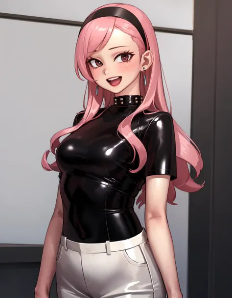 (masterpiece, best quality:1.2), solo, ((1girl)), <lora:kilyeV1-000020:0.8>, (shiny latex:1.2), kilye, pink hair,long hair, wavy hair, medium breasts, latex bodysuit under clothes, hairband, sidelocks, parted bangs, :d, t-shirt, stud earrings,