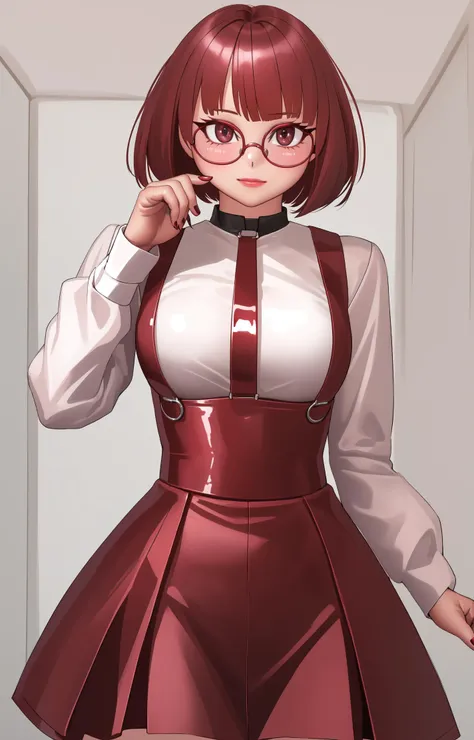 (masterpiece, best quality:1.2), (solo:1.5), (1girls:1.4), ((burgundy hair)), <lora:kilyeV1-000020:0.8> , (shiny glossy latex:1.3),colored eyelashes, lips, blunt bangs, kilye , narrow waist, bob cut, straight hair,closed mouth,(( round eyewear)), suspender skirt, high-waist skirt, cowboy shot, standing, skin tight, underbust, blush, long sleeves, nail polish, medium breasts,