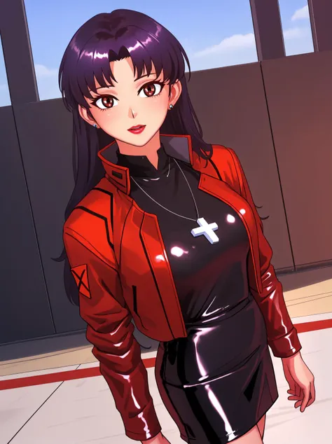 (masterpiece, best quality:1.2), 1girl, solo, <lora:kilyeV1-000020:0.7>, kilye,( shiny latex:1.2), <lora:Katsuragi_MisatoV4:0.6>, looking at viewer, lips, latex, black_pencil_dress_high_collar_red_jacket, red_jacket, standing,Misato_cross_necklace, skin tight, brown eyes, shiny clothes,