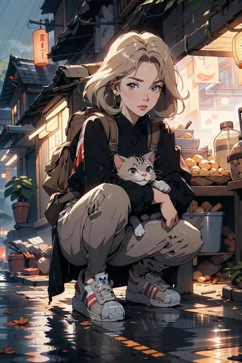 (masterpiece:1.3), (best quality:1.3), (hires, high resolution:1.3), 8k, ultra_detailed, extremely_clear, photograph, beautiful, sharp focus, hdr, BREAK
1girl, night city, rain coat, (holding a cat:1.2), backpack, blonde hair, 80's style, (white sneakers, adidas superstar:1.3), (crouching, looking at viewer), BREAK
japanese architecture, japanese style, japanese markets, lanterns, trees, flowers, bushes, (night time, rain, wet ground, reflections), BREAK
(medium close-up shot, ground level shot), (low key lighting, dimly lit, spot lit), (tilt shift, bokeh, shallow focus),
 <lora:80'sFusion:0.8>  <lora:epi_noiseoffset2:0.8>  <lora:cat_20230627113759:0.6>