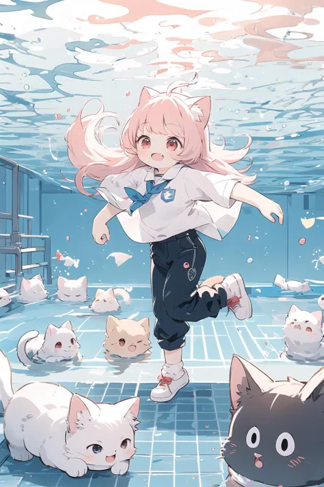 1girl, solo, blown hair, smile, in the school, red eyes, long hair, full body, white shirts, pants, white socks, dancing, ((a lot of cats swimming)), <lora:cat_20230627113759:0.6>