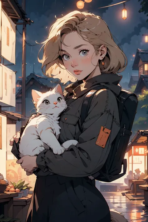 (masterpiece:1.3), (best quality:1.3), (hires, high resolution:1.3), 8k, ultra_detailed, extremely_clear, photograph, beautiful, sharp focus, hdr,
1girl, night city, rain coat, (cat, holding a cat:1.2), backpack, blonde hair, 80's style,
japanese architecture, japanese style, japanese markets, trees, flowers, bushes,
(Looking at viewer), (low key lighting, dimly lit, spot lit), night time, lanterns,
<lora:80'sFusion:0.8> <lora:epi_noiseoffset2:0.8> <lora:cat_20230627113759:0.8>