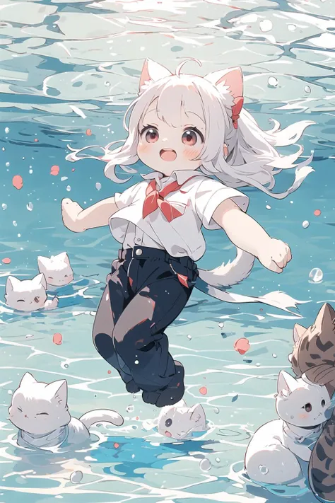 1girl, solo, blown hair, smile, in the school, red eyes, long hair, full body, white shirts, pants, white socks, dancing, ((a lot of cats swimming)), <lora:cat_20230627113759:0.8>