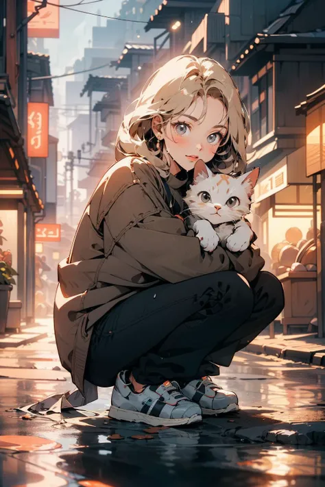 (masterpiece:1.3), (best quality:1.3), (hires, high resolution:1.3), 8k, ultra_detailed, extremely_clear, photograph, beautiful, sharp focus, (realistic, ultra realistic), hdr, BREAK
1girl, night city, rain coat, (holding a cat:1.2), backpack, blonde hair, 80's style, (white sneakers, adidas superstar:1.3), (crouching, looking at viewer), BREAK
japanese architecture, japanese style, japanese markets, lanterns, trees, flowers, bushes, (night time, rain, wet ground, reflections), BREAK
(medium close-up shot, ground level shot), (low key lighting, dimly lit, spot lit), (tilt shift, bokeh, shallow focus),
<lora:80'sFusion:0.8> <lora:epi_noiseoffset2:0.8> <lora:cat_20230627113759:0.6>